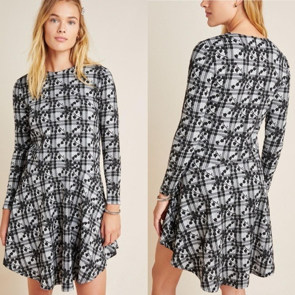 Hutch Anthropologie Plaid Floral Embroidered Mini Dress Black‎ White XS 10020